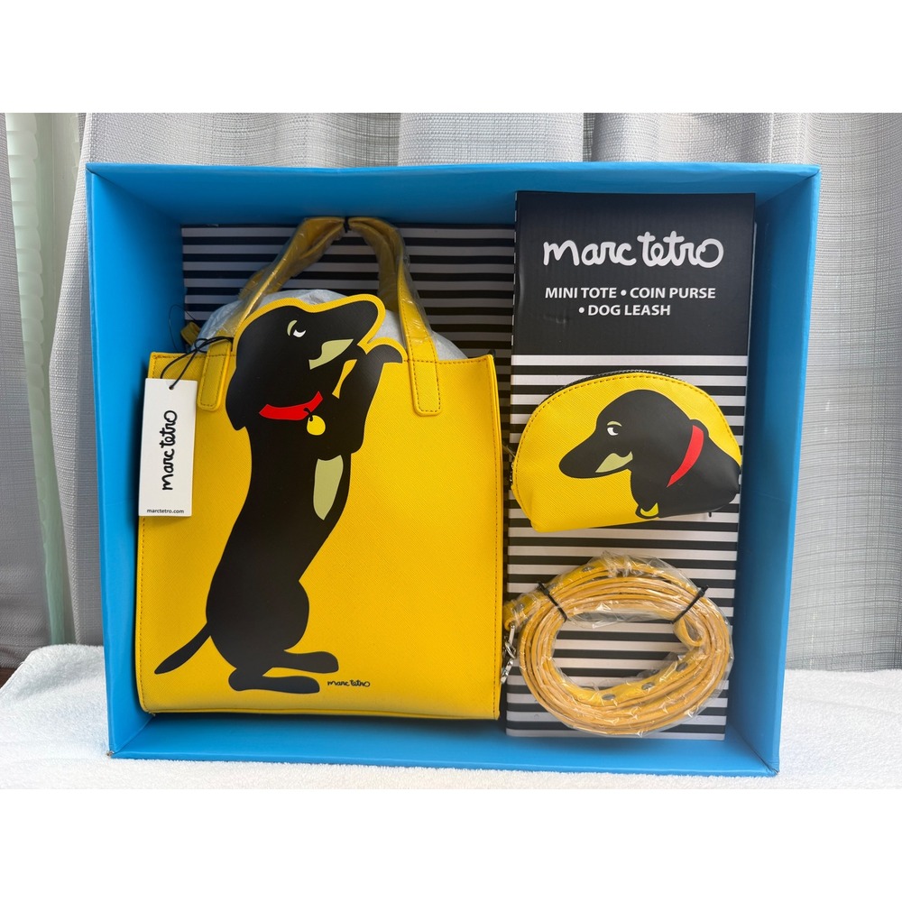 Marc Tetro Yellow Dachshund Mini Tote Coin Purse Dog Leash 3pc Gift Set NWT
